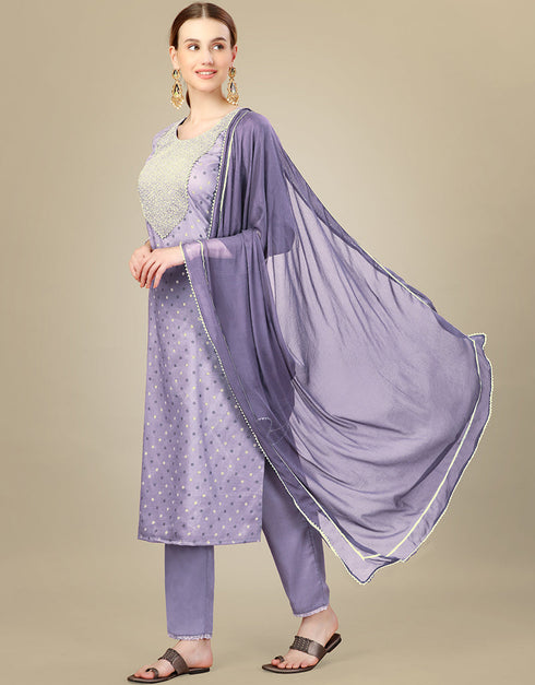 Traditional Function Wear Silk Blend Readymade Suit Collection Lavender Silk Blend Pant Straight Close-up View